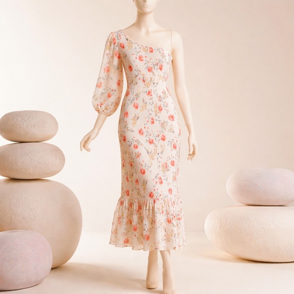 Hello Molly One-Shoulder Floral Midi Dress in Cream and Pink New With Tag XLG